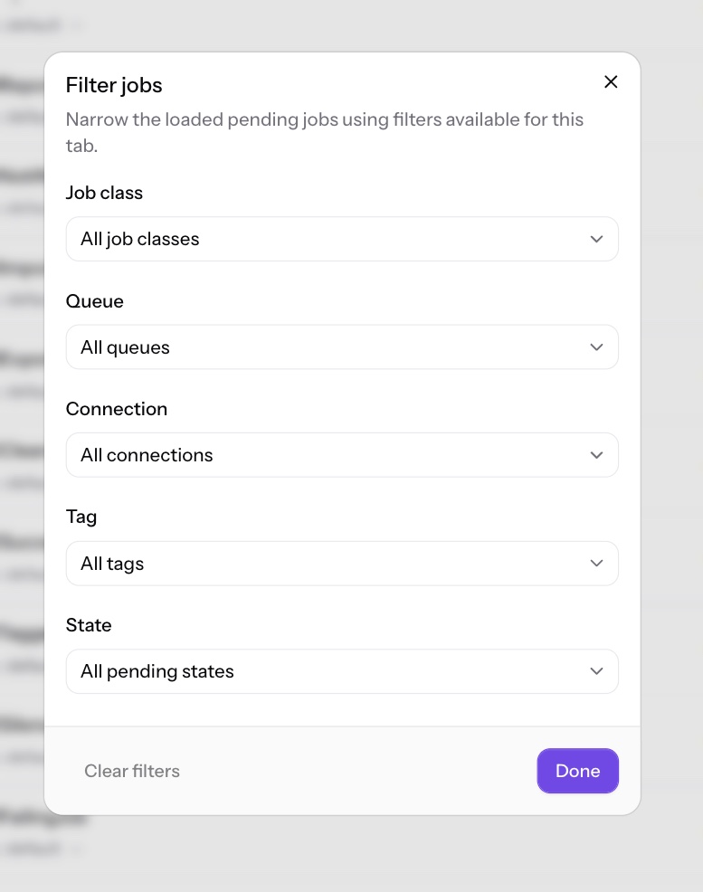 Filter jobs modal with job class, queue, connection, tag and state filters