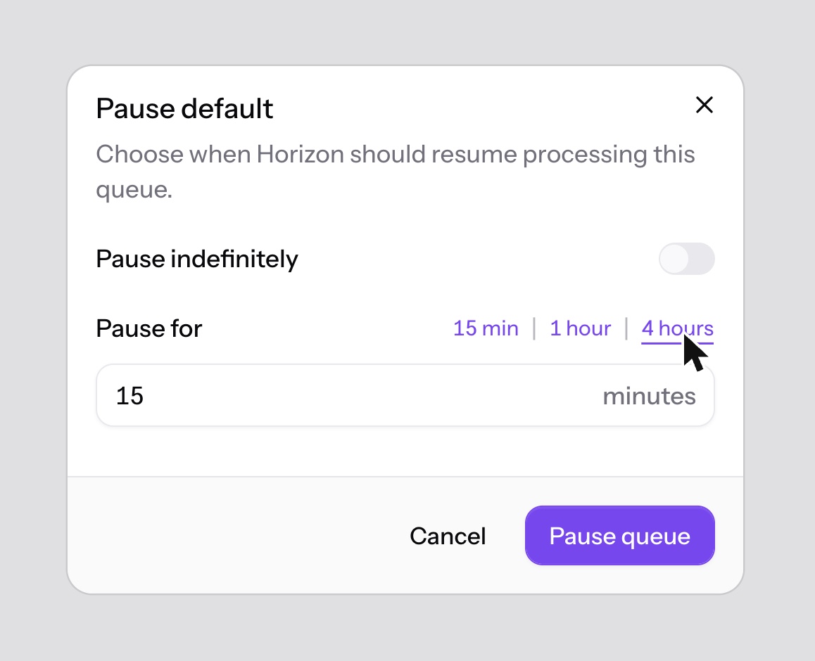 Pause queue modal with a choice between pausing indefinitely or for a set time