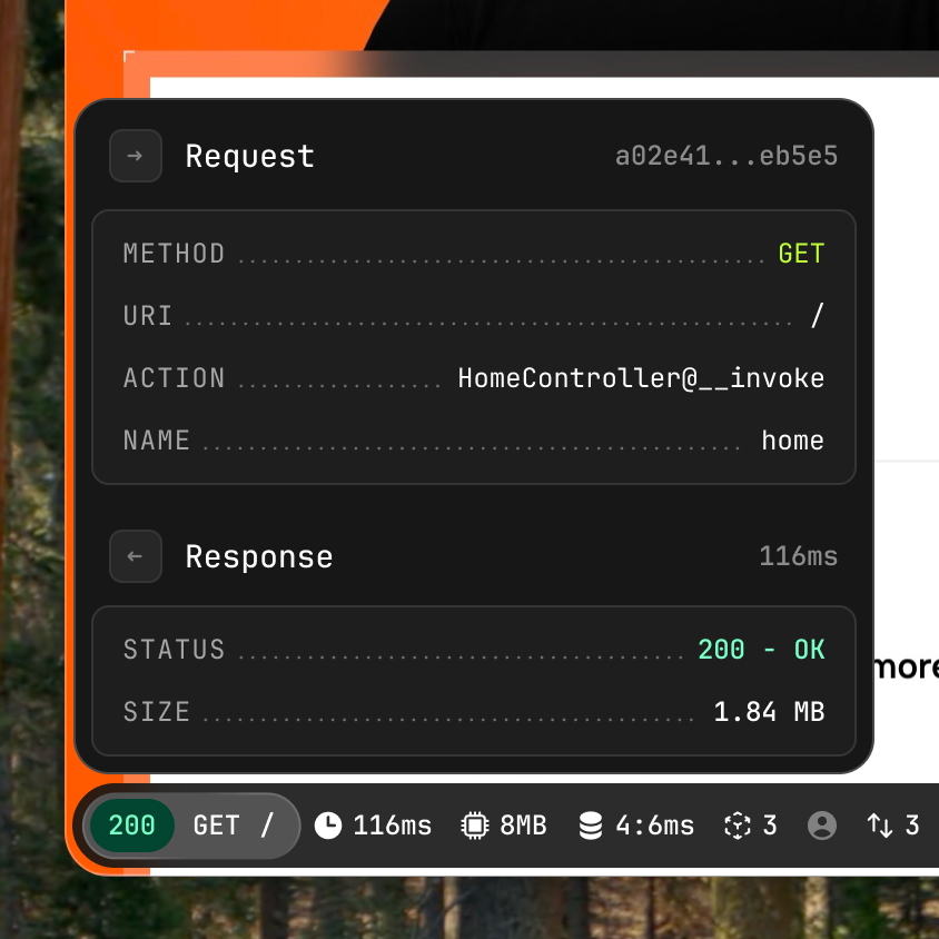 Dark Laravel Toolbar panel showing request and response details above the bottom toolbar