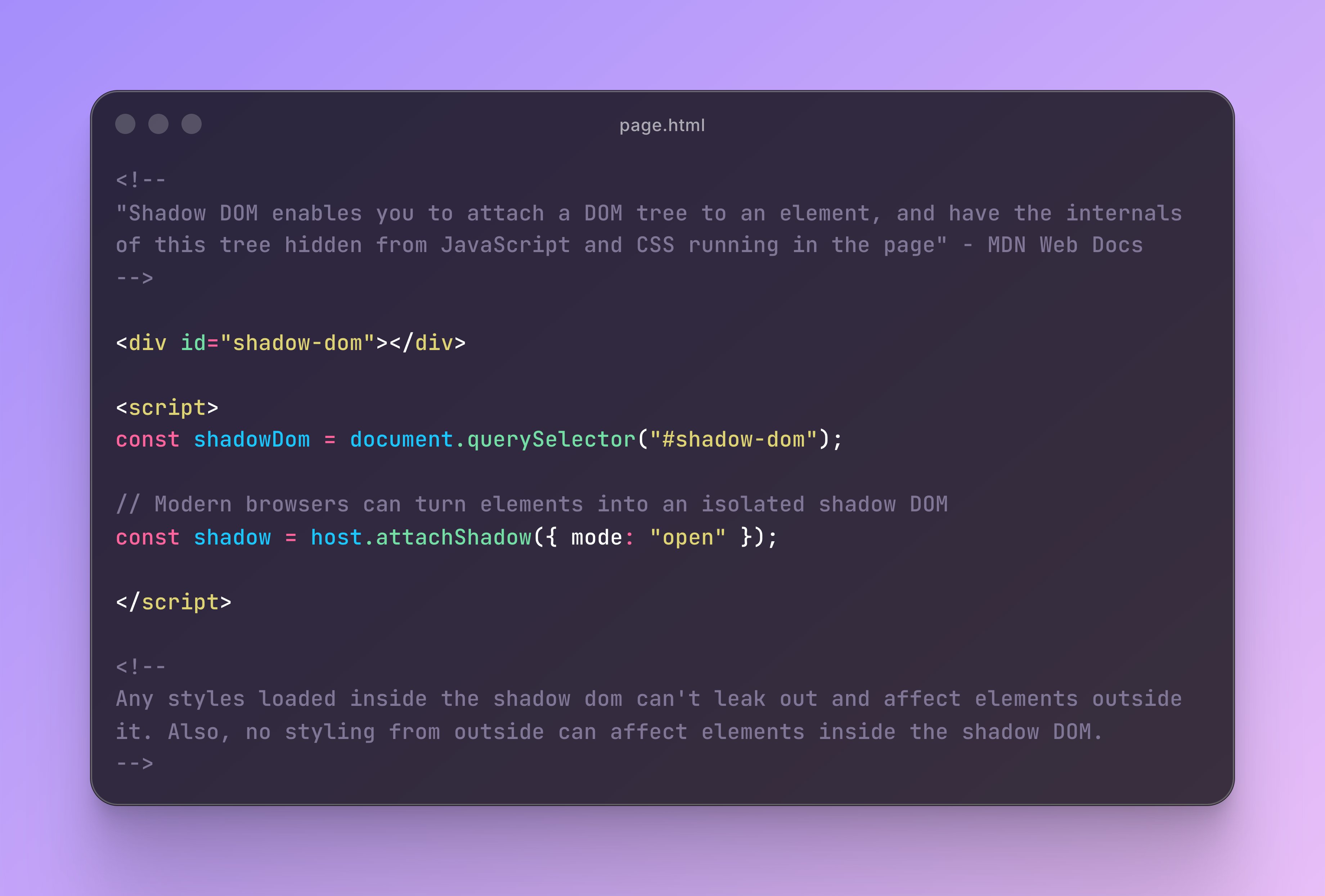 Code example attaching an open Shadow Root to isolate Laravel Toolbar styles