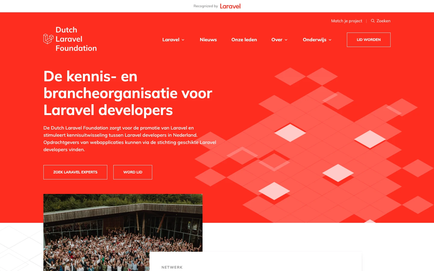 Original Dutch Laravel Foundation homepage with a red hero and geometric Laravel artwork