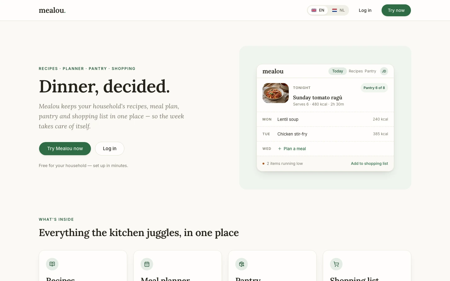 Mealou landing page with a meal planner and Sunday tomato ragù card