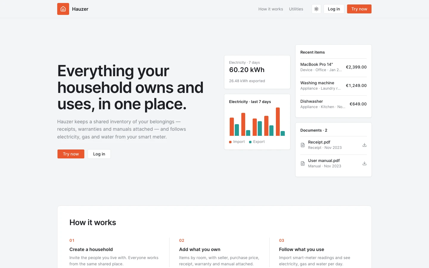 Hauzer landing page with electricity usage and household inventory panels